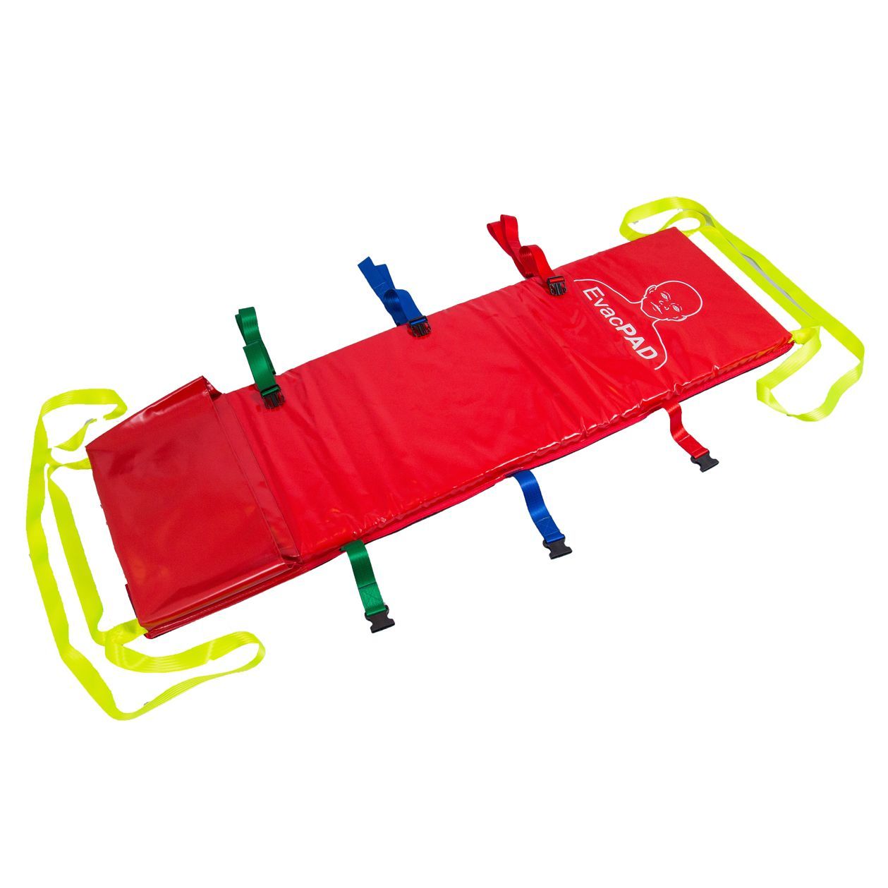 Red padded rescue stretcher with straps and handles.