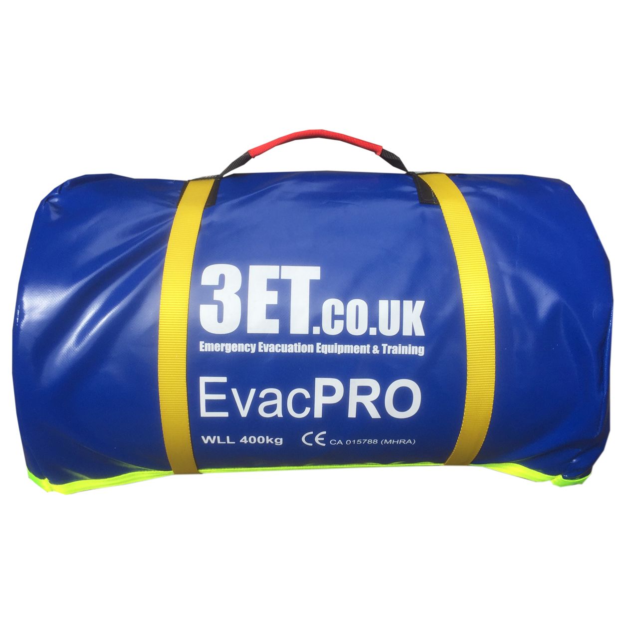 Blue EvacPRO emergency evacuation equipment bag with yellow straps and red handle.