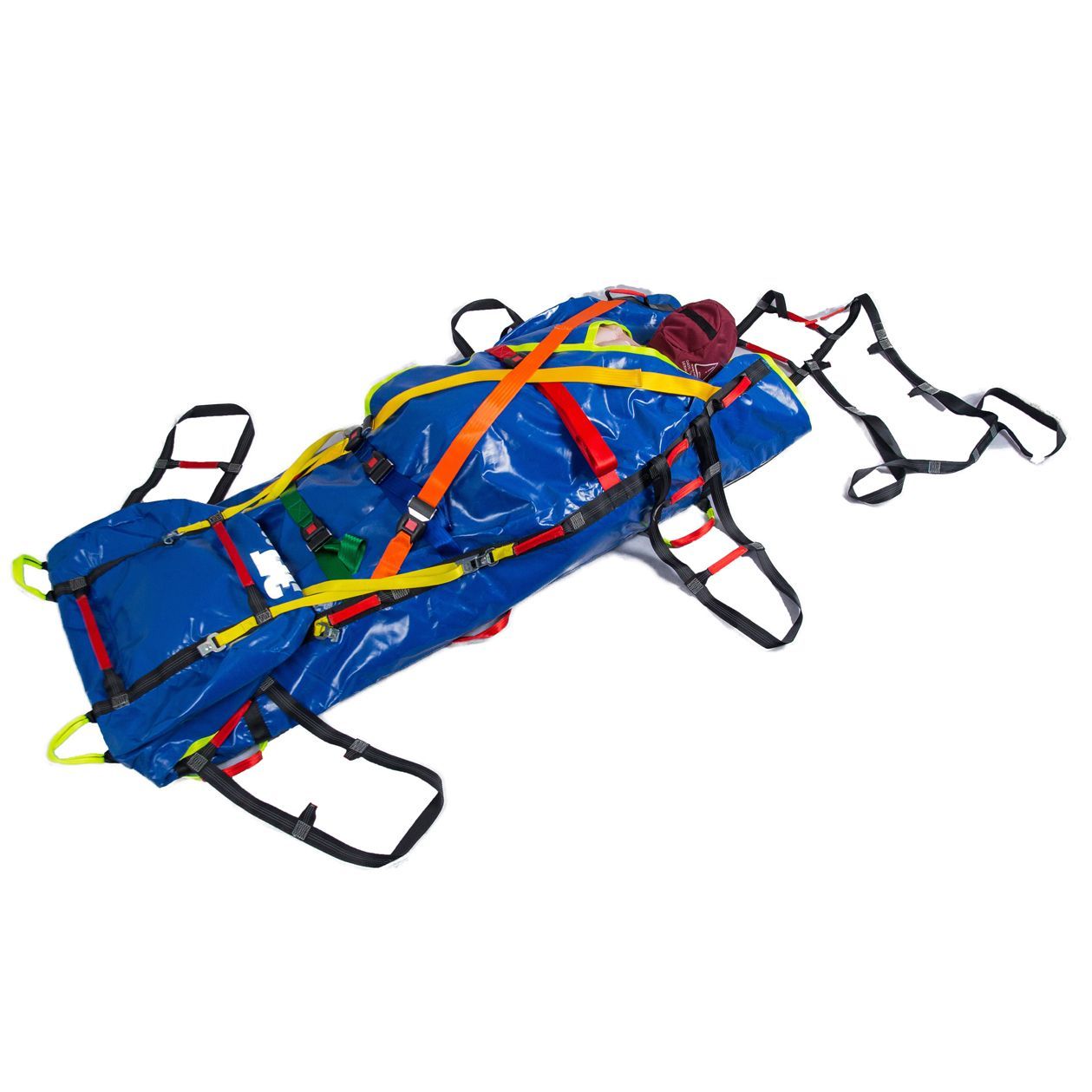 Blue and yellow rescue litter with handles and straps for patient transport.