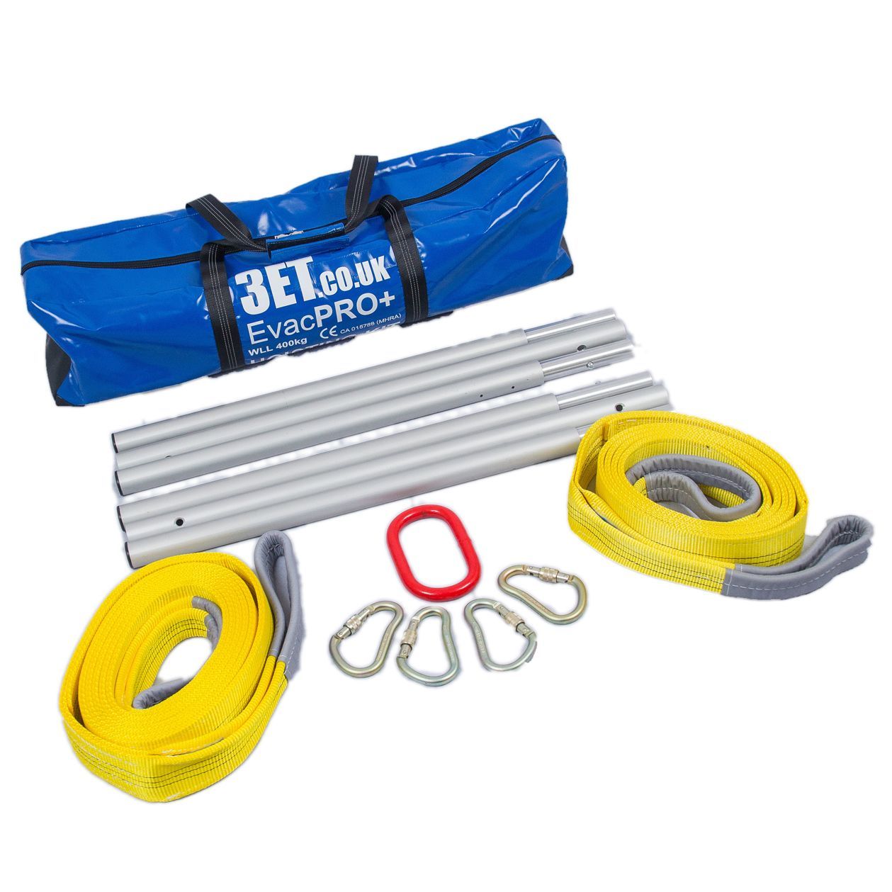 Blue bag with poles, yellow straps, carabiners, and a red oval ring.