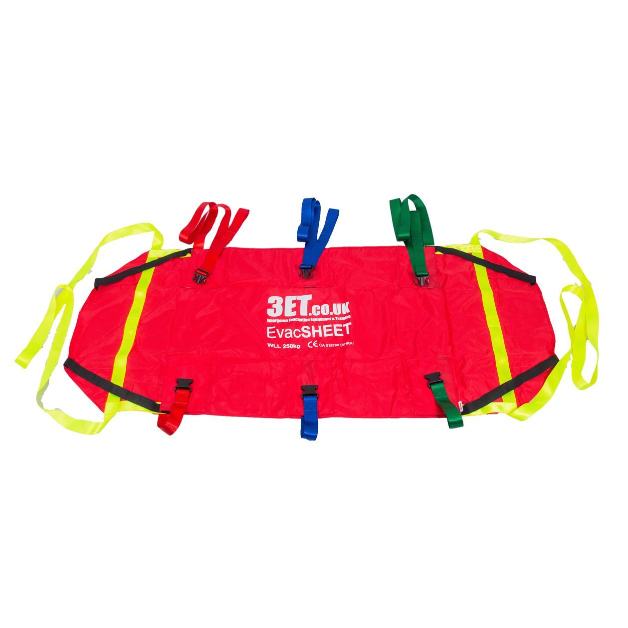 Red, foldable emergency patient transport sheet with multiple colored straps and handles.