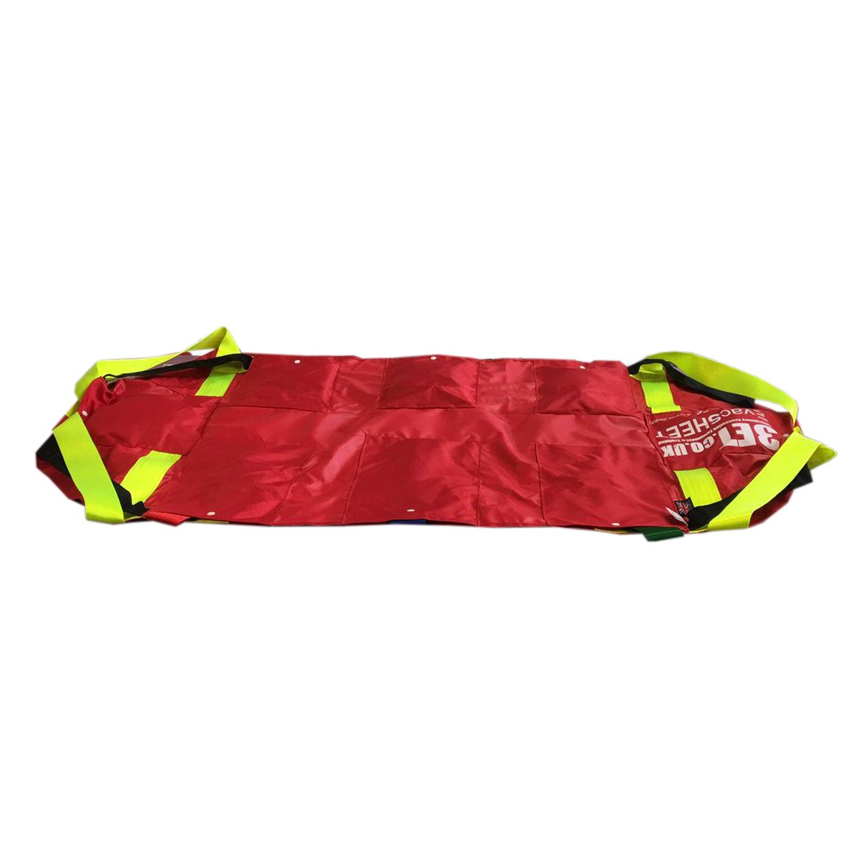 Red rescue sled with yellow straps.