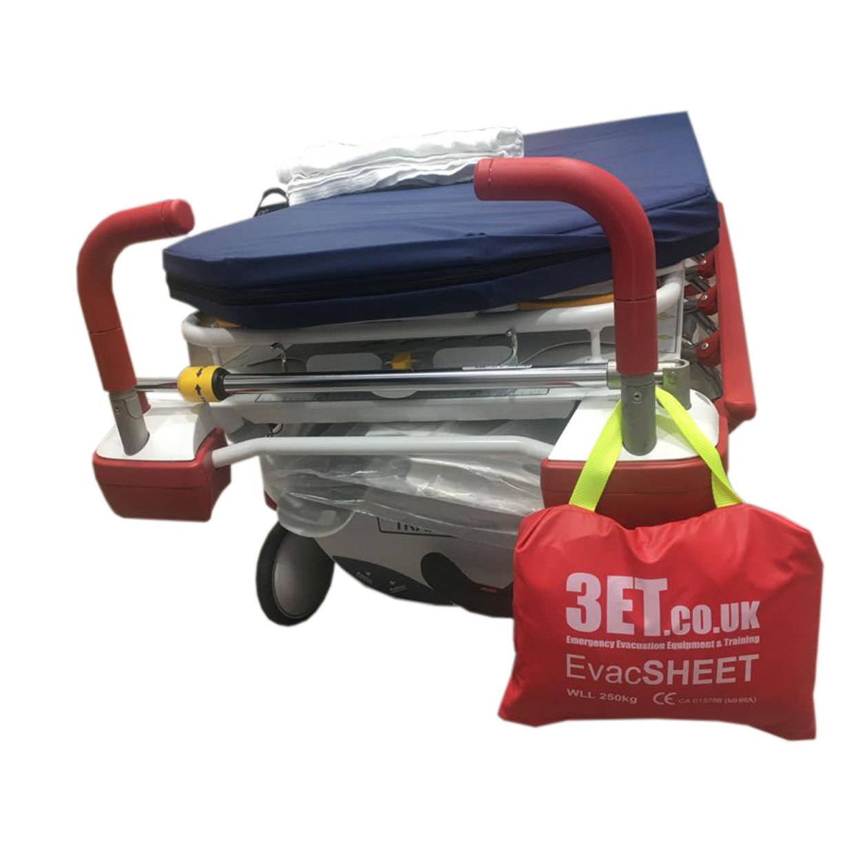Medical stretcher with a folded mattress, red handles, and a red EvacSHEET bag hanging.