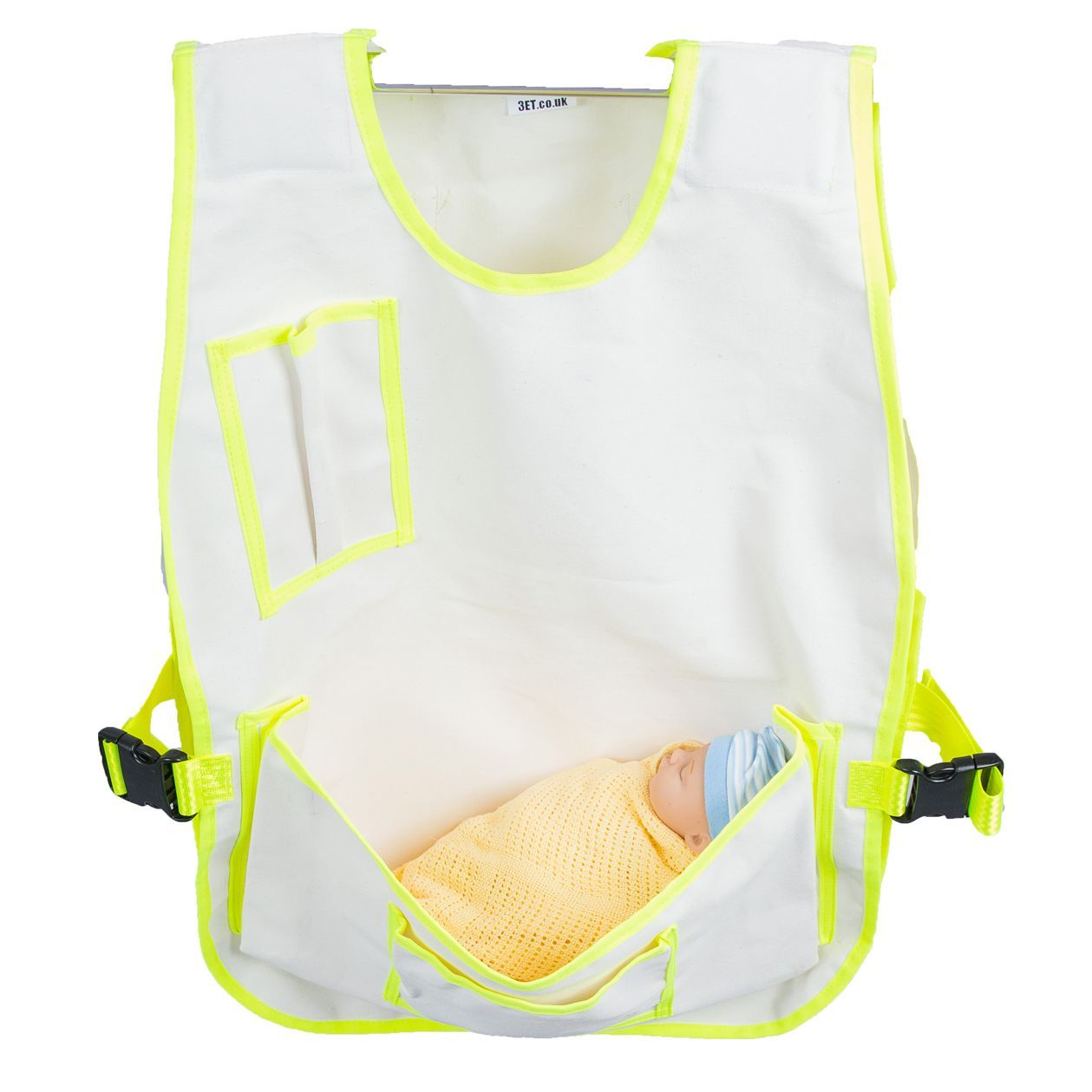 White vest with neon yellow trim, designed to hold a swaddled baby.