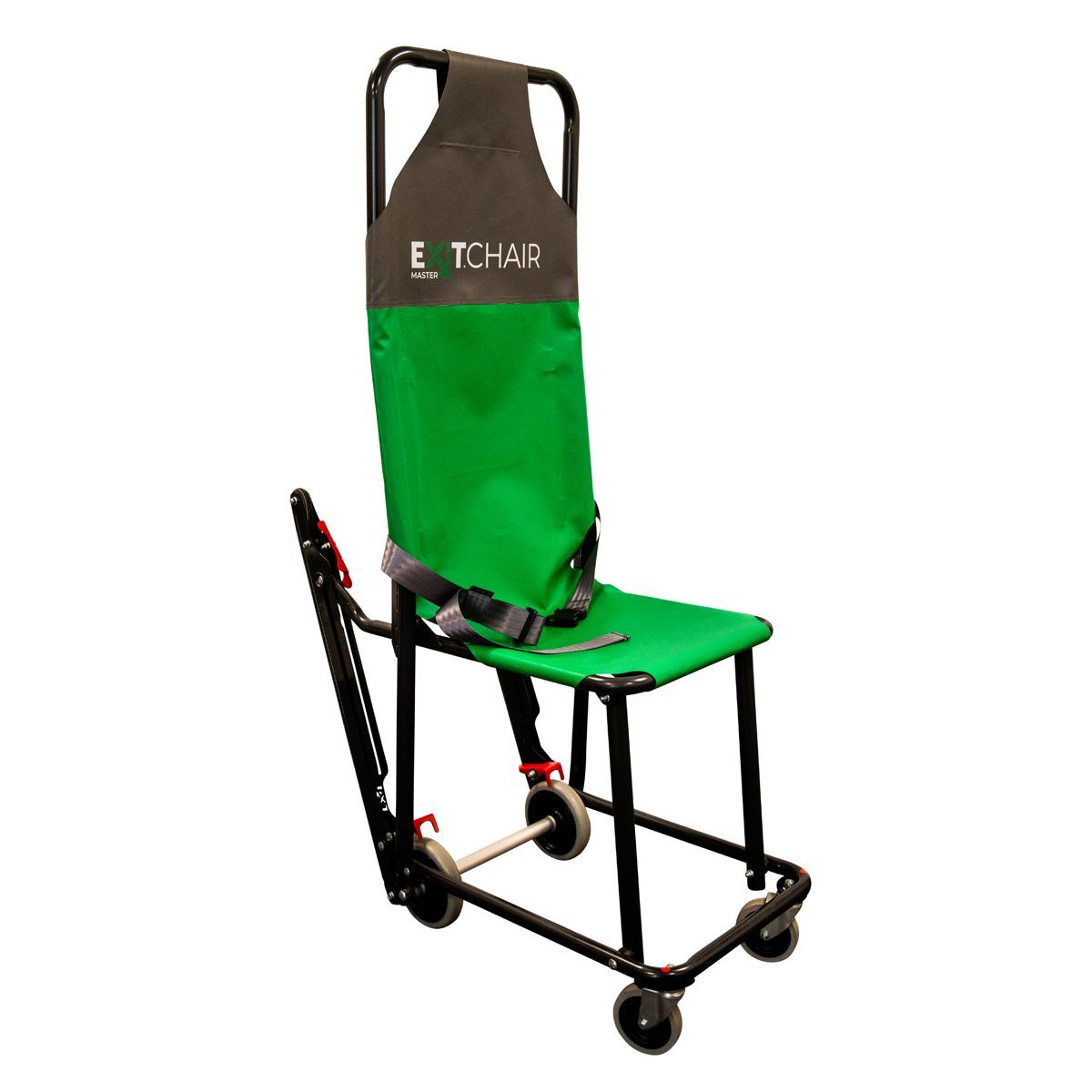 Green and black evacuation chair with seatbelt, wheels, and frame.