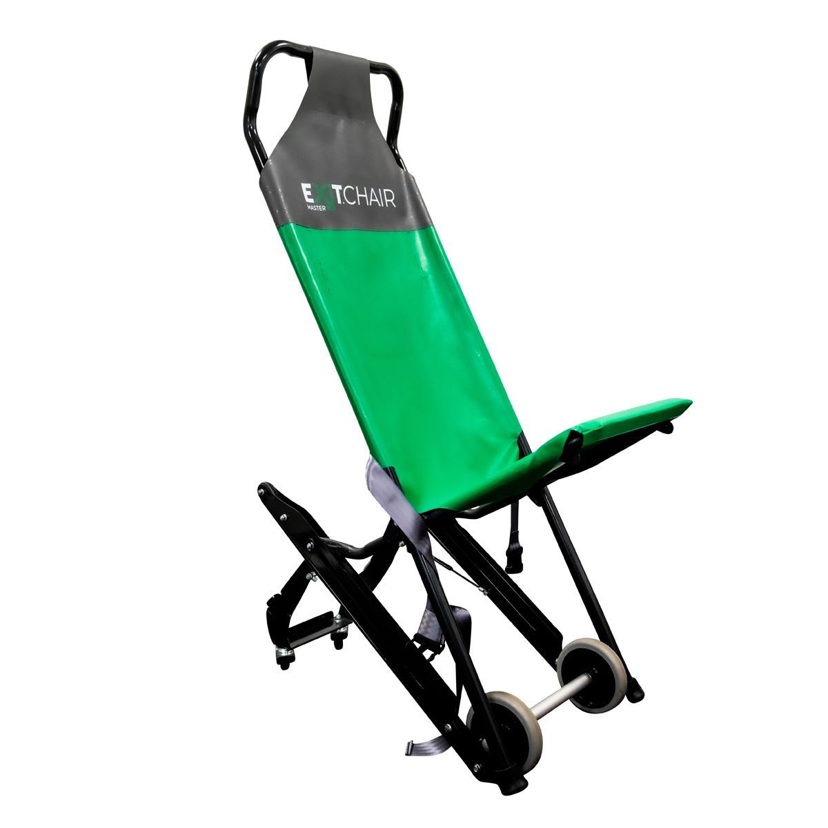 Green and black stair chair with wheels, designed for transporting individuals down stairs.