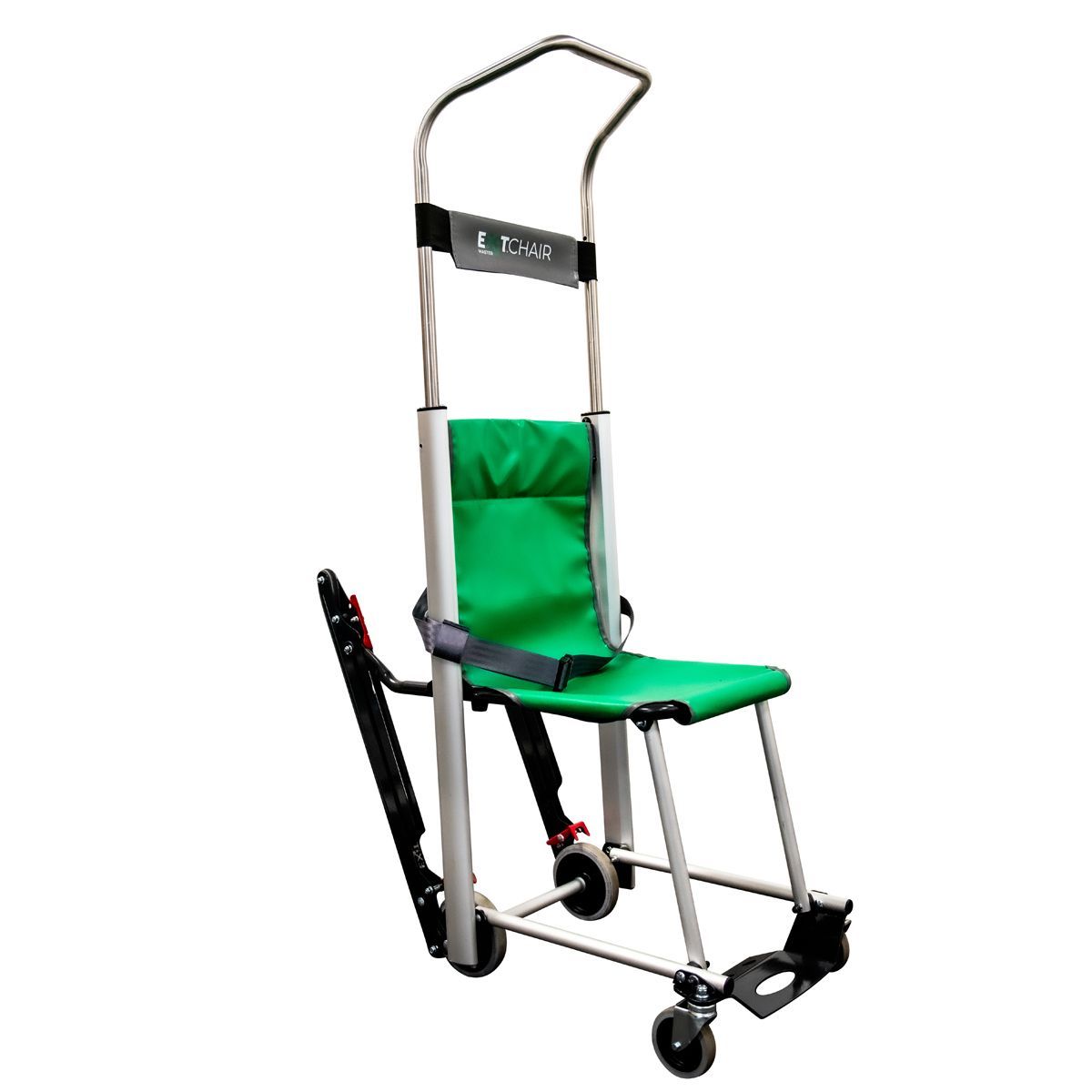 Green and silver evacuation chair with safety straps and handles, designed for stair use.