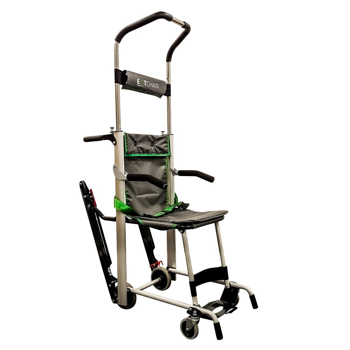 Gray and green stair chair for transporting patients.