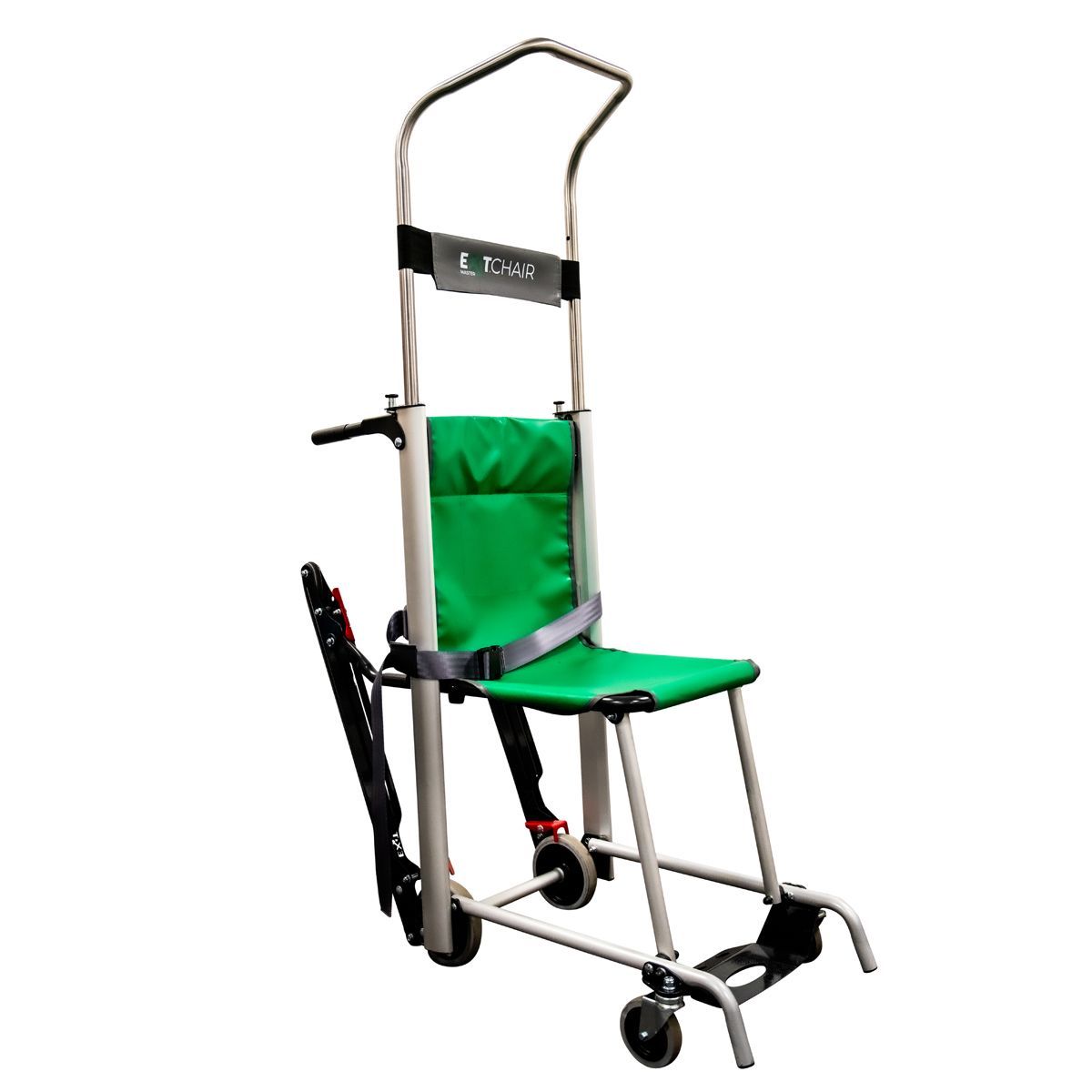 Green and gray evacuation chair on wheels for transporting individuals down stairs.