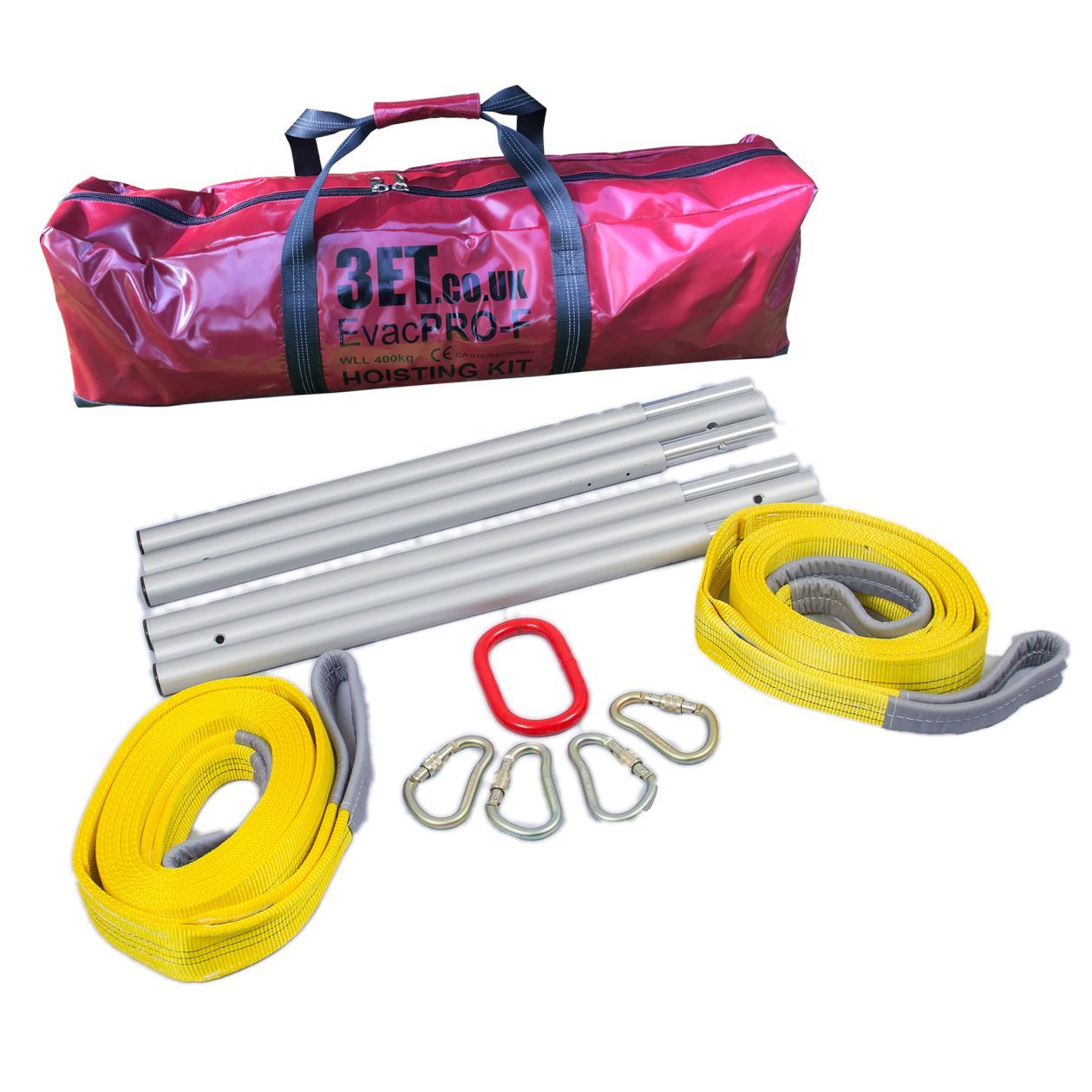 Red bag, silver poles, yellow straps, carabiners, and a red oval ring. Hoisting kit.