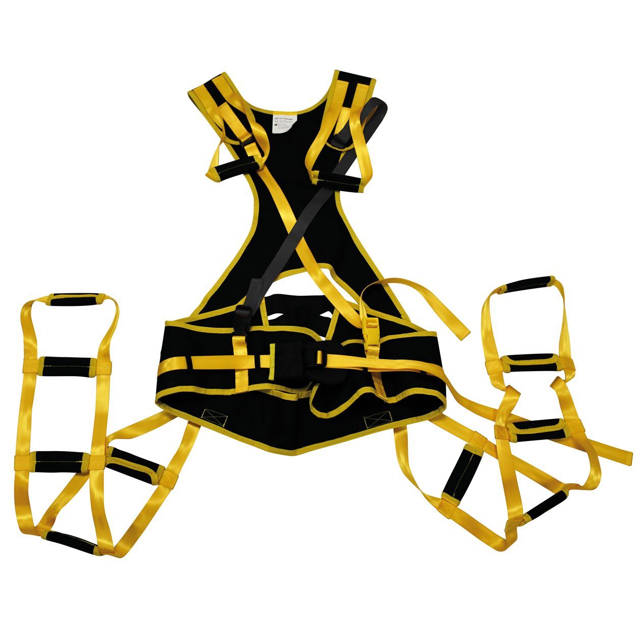 Black and yellow patient transfer harness with multiple handles.