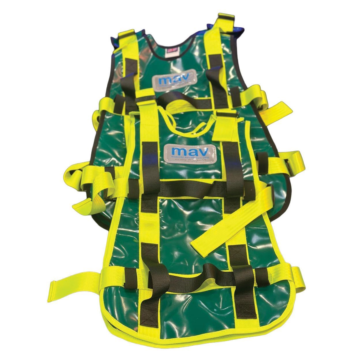 Two green and yellow restraint vests with straps and "mav" logo.