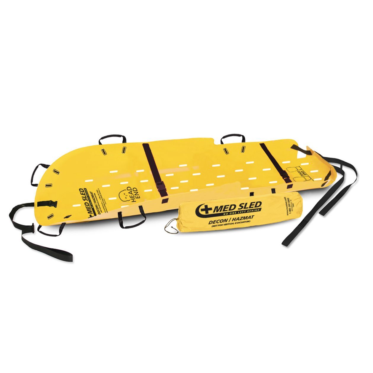 Yellow rescue sled with black straps and carrying handles.