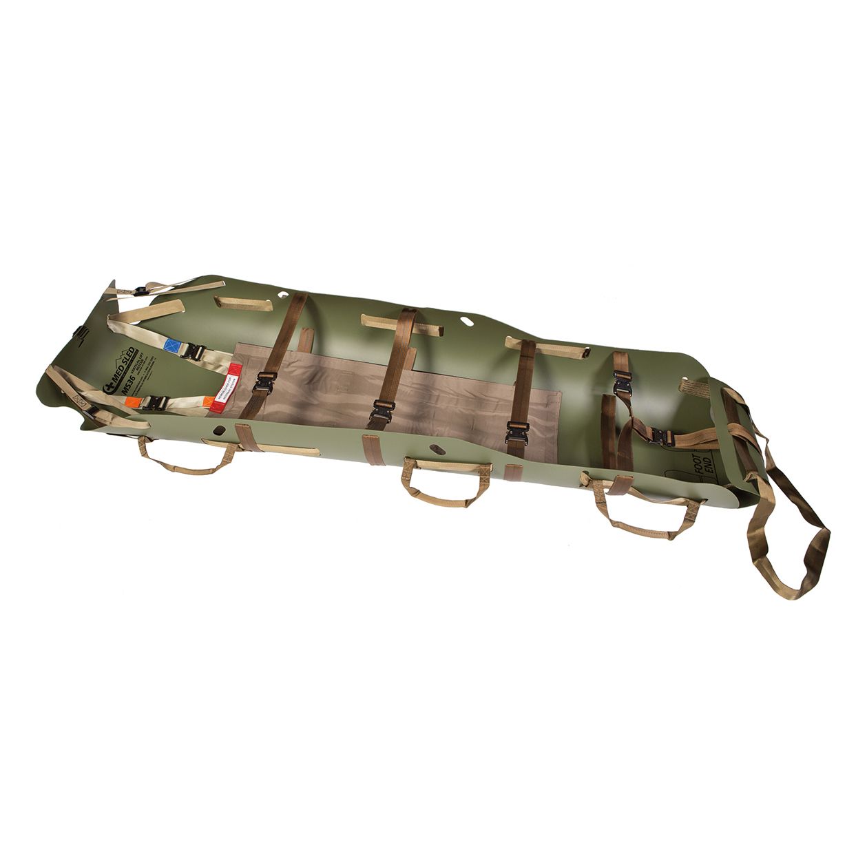 Green inflatable rescue stretcher with carrying handles and straps.