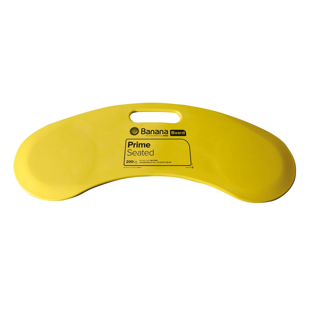 Yellow ergonomic seated transfer board with handle. "Banana" brand label visible.