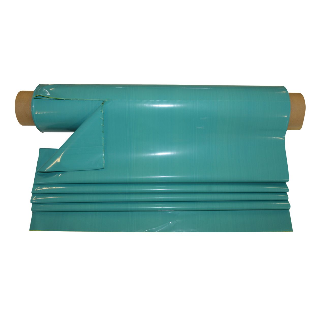 Roll of teal-colored plastic sheeting, partially unrolled, showing ribbed texture.