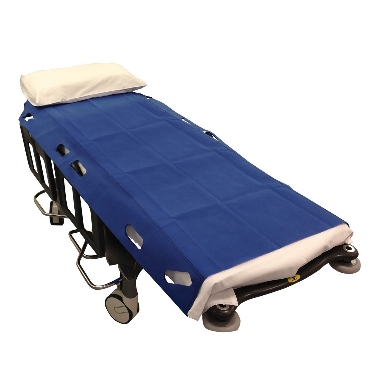 Blue covered hospital stretcher with pillow.
