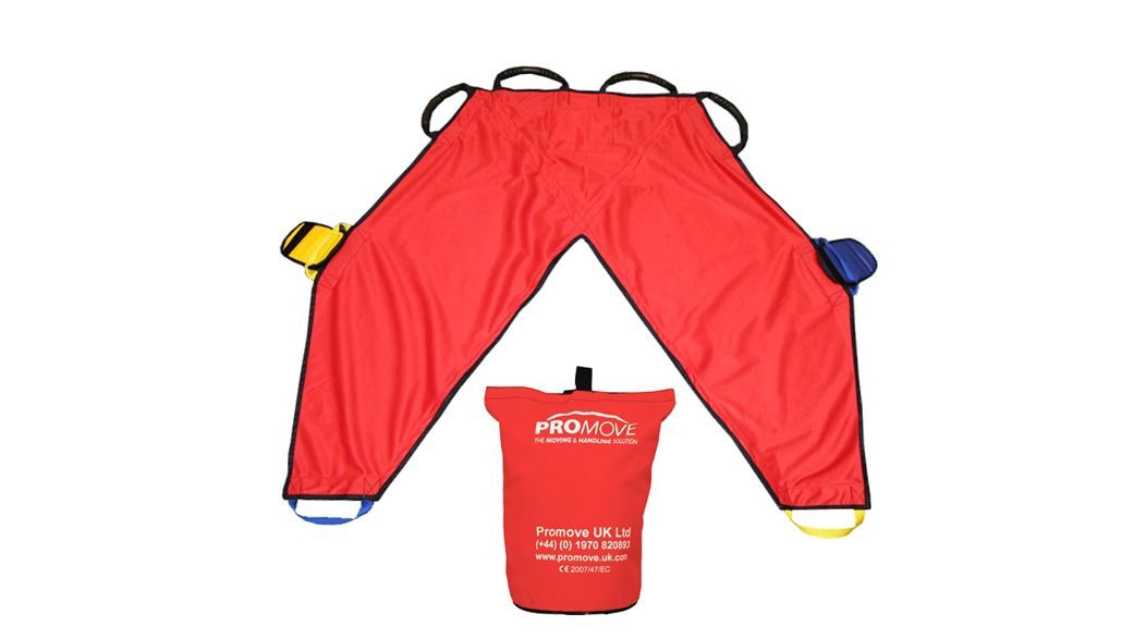 Red patient transport sling with carrying handles, folded and packed, white background.