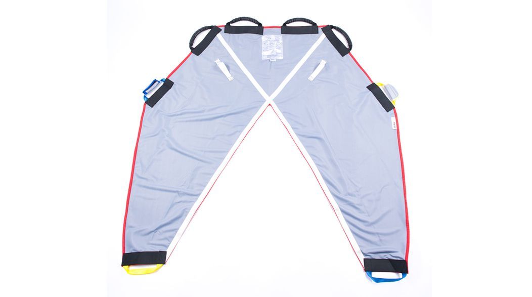 Medical transfer sheet, gray mesh with red trim, handles, and straps.