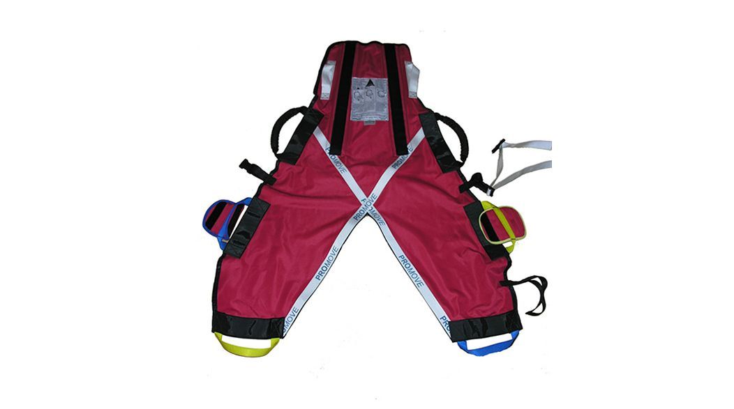 Red, V-shaped rescue litter with straps and pockets, on white background.