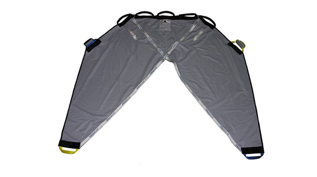 Gray medical patient lift sling, open in an inverted V-shape, with multiple handles.