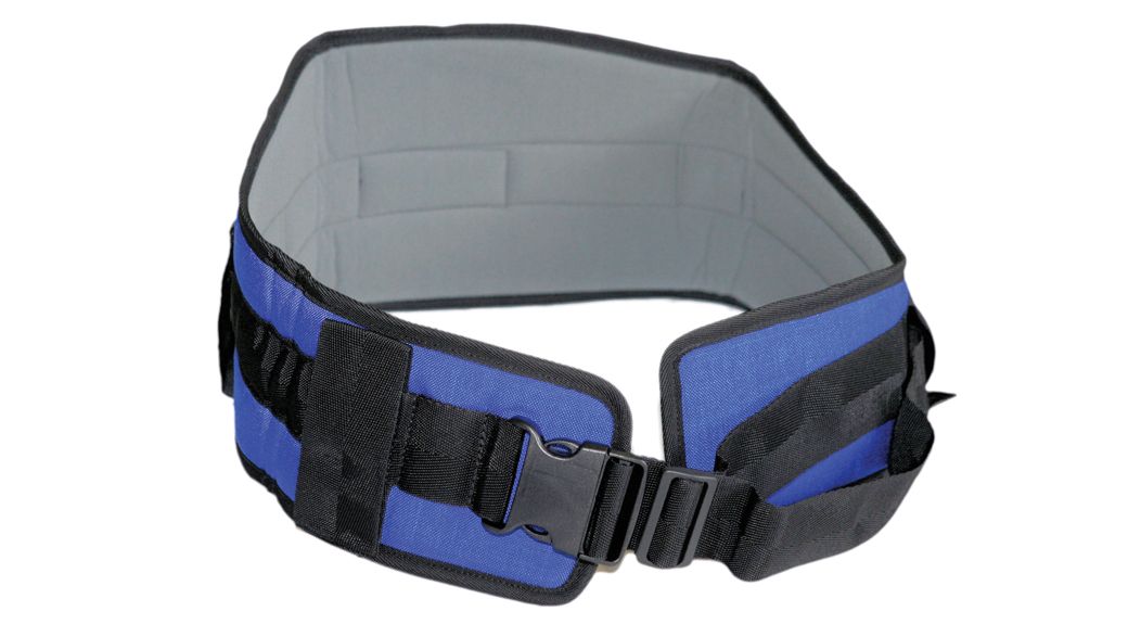 Blue and gray back support belt with black straps and buckle.