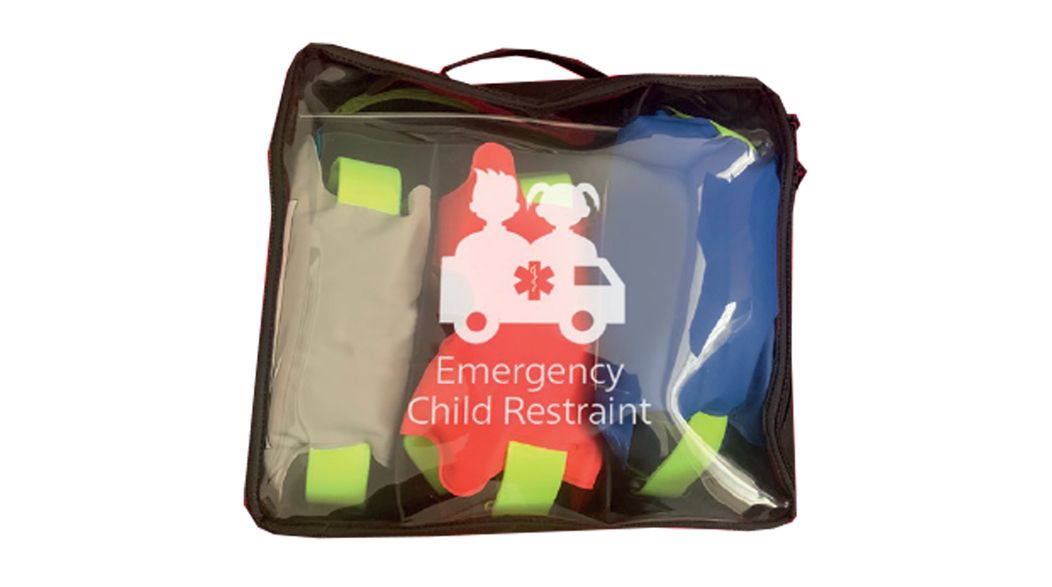 Black bag with child restraint kit: straps and an emergency vehicle logo.