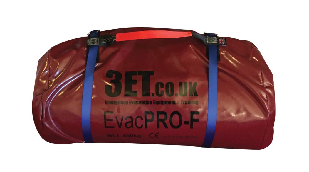 Maroon EvacPRO-F evacuation bag with blue straps and red handle, black text on a white background.