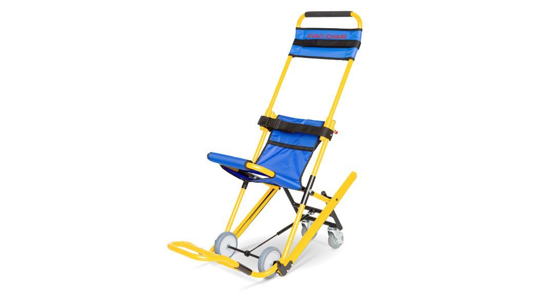 Yellow and blue stair chair for emergency medical transport with wheels.