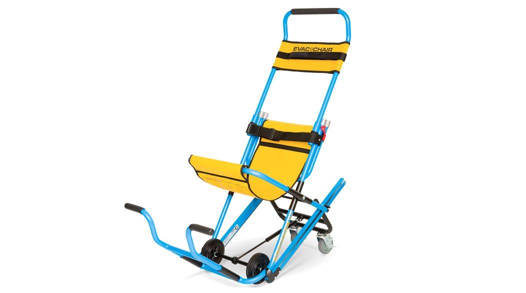 Blue and yellow emergency stair chair with black straps and wheels.