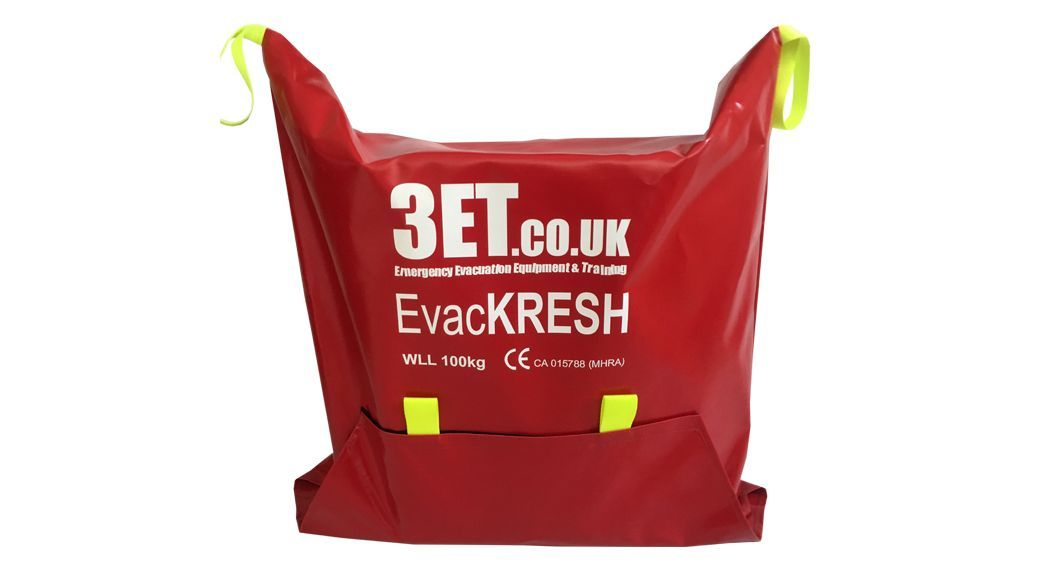 Red EvacKRESH rescue device with yellow handles and straps.