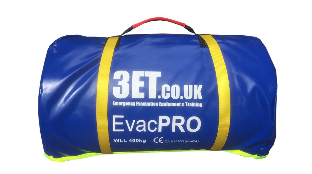 Blue EvacPRO bag with yellow straps and red handle, for emergency evacuation.