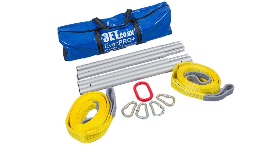 Blue bag, metal poles, yellow straps, and carabiners; rigging equipment.