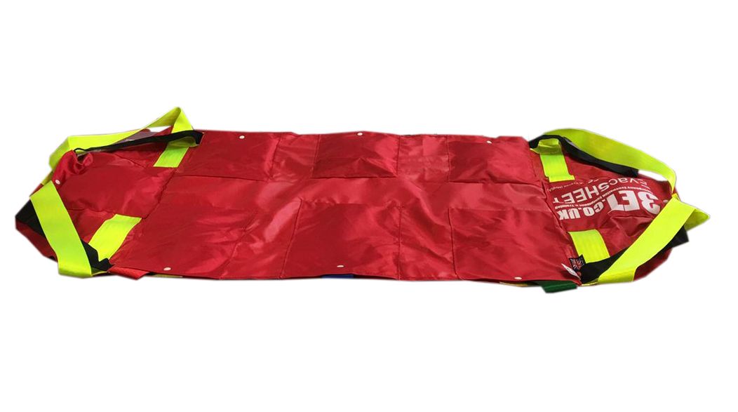 Red medical emergency stretcher with yellow straps, on a white background.