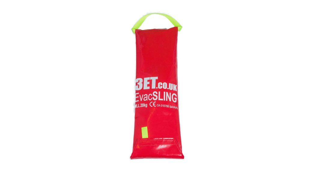 Red EvacSling bag with a yellow handle, for emergency evacuation.
