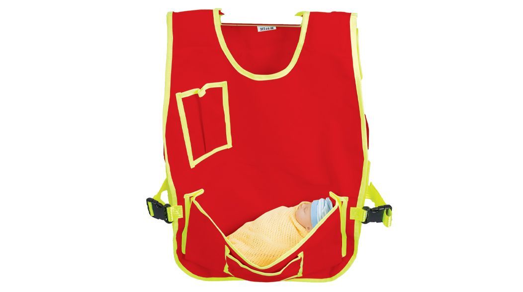 Red safety vest with yellow trim, carrying a baby in its pouch.