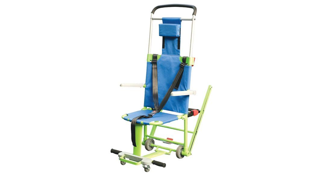 Green and blue stair chair for emergency patient transport, with headrest and seatbelt.