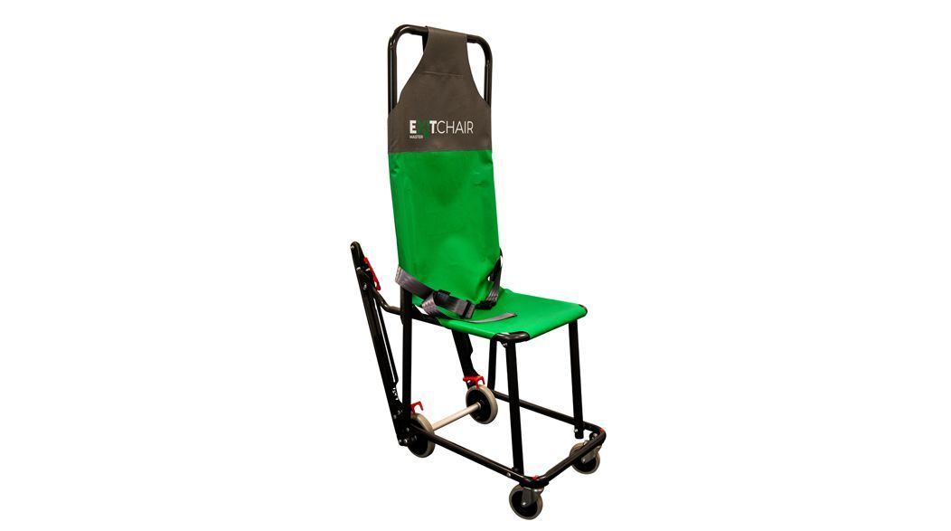 Green and black evacuation chair with wheels for assisting individuals down stairs.