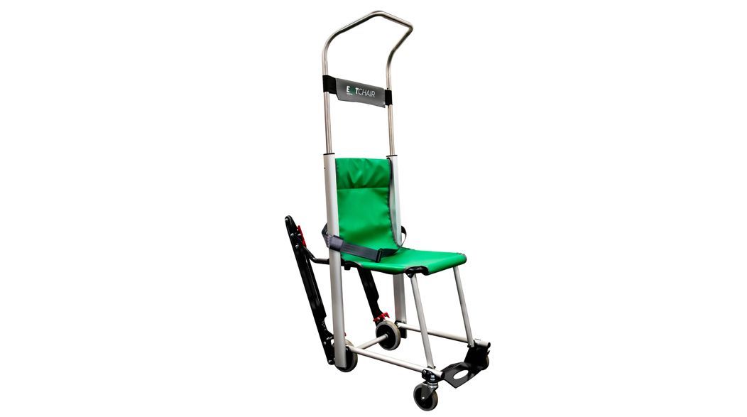 Green and silver stair chair for emergency evacuation.