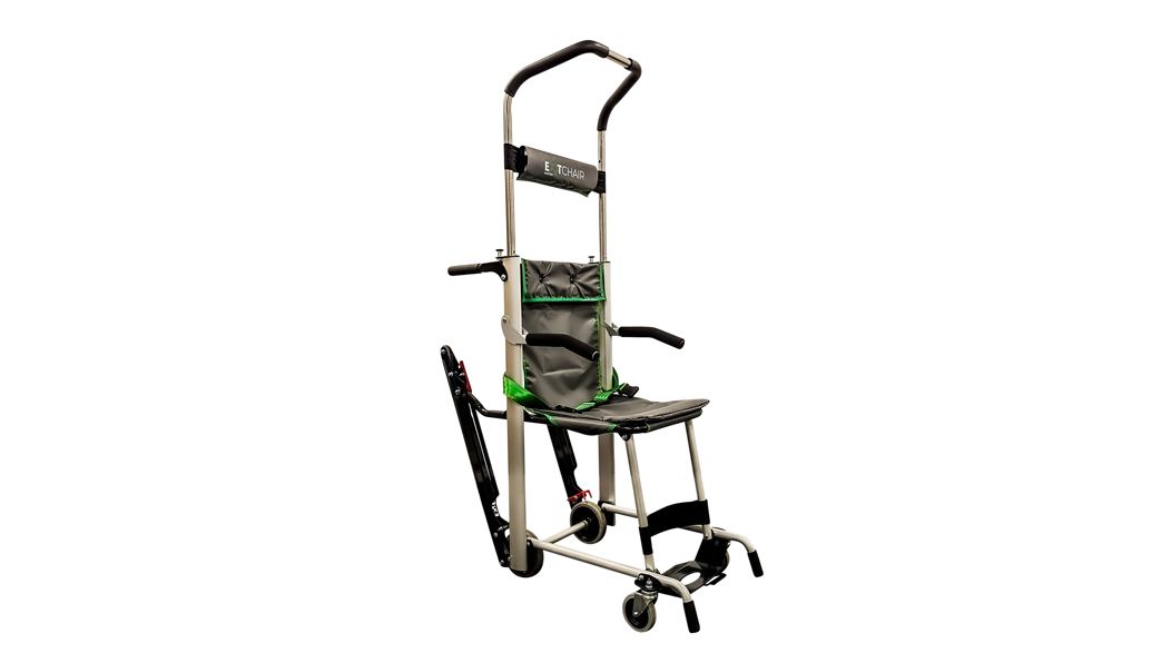 Stair chair for medical emergencies, silver and green, with seat, handle, and tracks for stair descent.