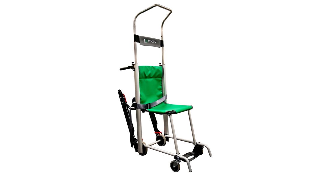 Green and silver stair chair with wheels, used for assisting people down stairs.