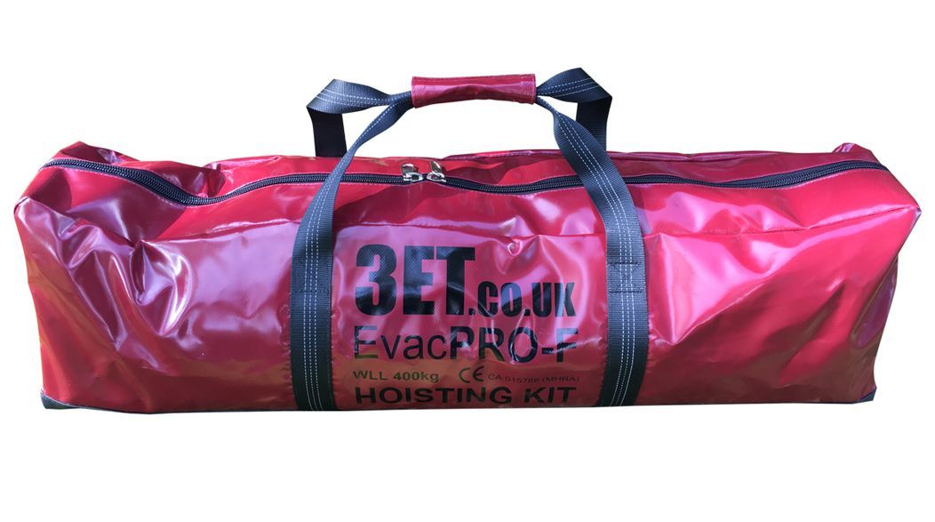 Red duffel bag with black straps, the front displays