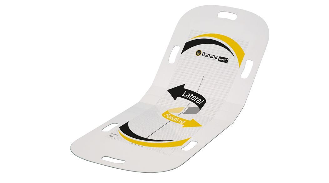 White, curved patient transfer board with yellow and black directional arrows.