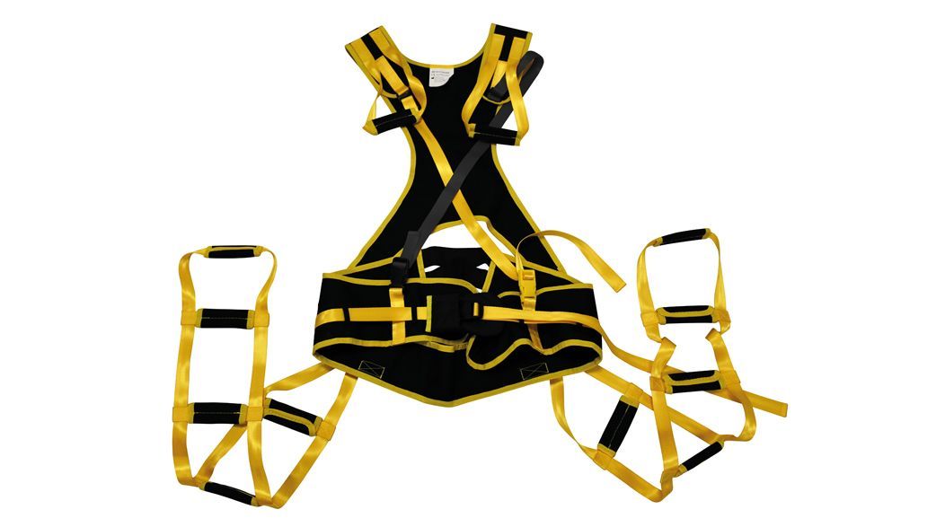 Black and yellow patient transfer sling with multiple handles and straps.