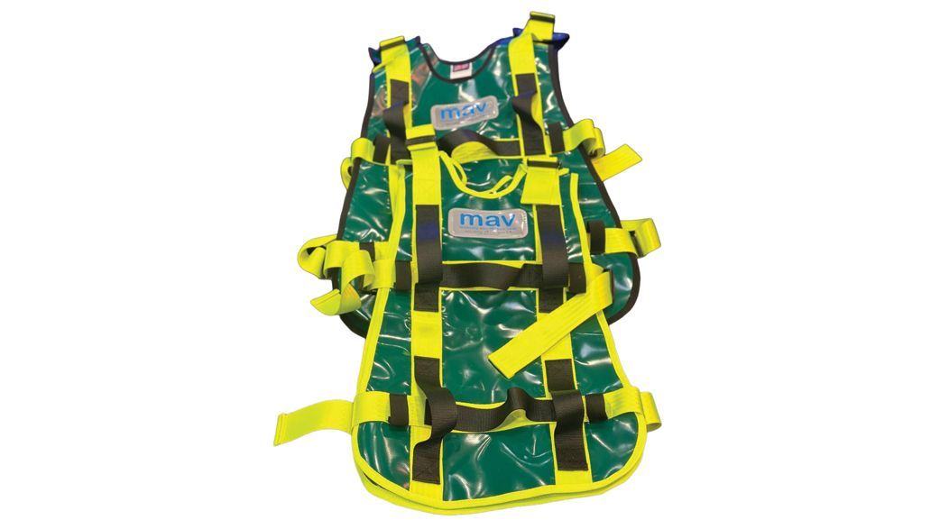Green and yellow emergency rescue vest with straps and buckles.