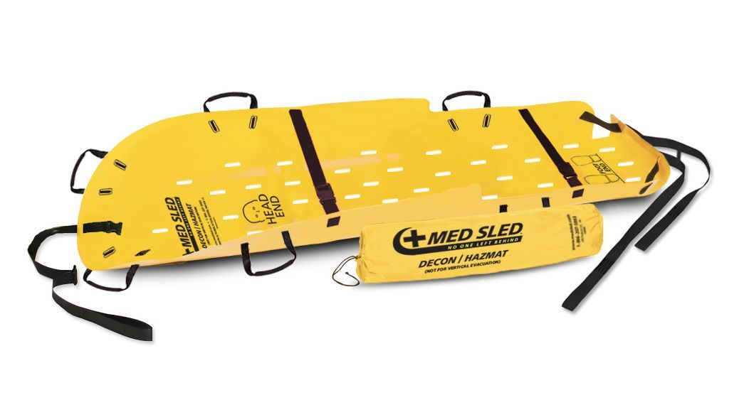 Yellow Med Sled patient evacuation device with black straps and handles.