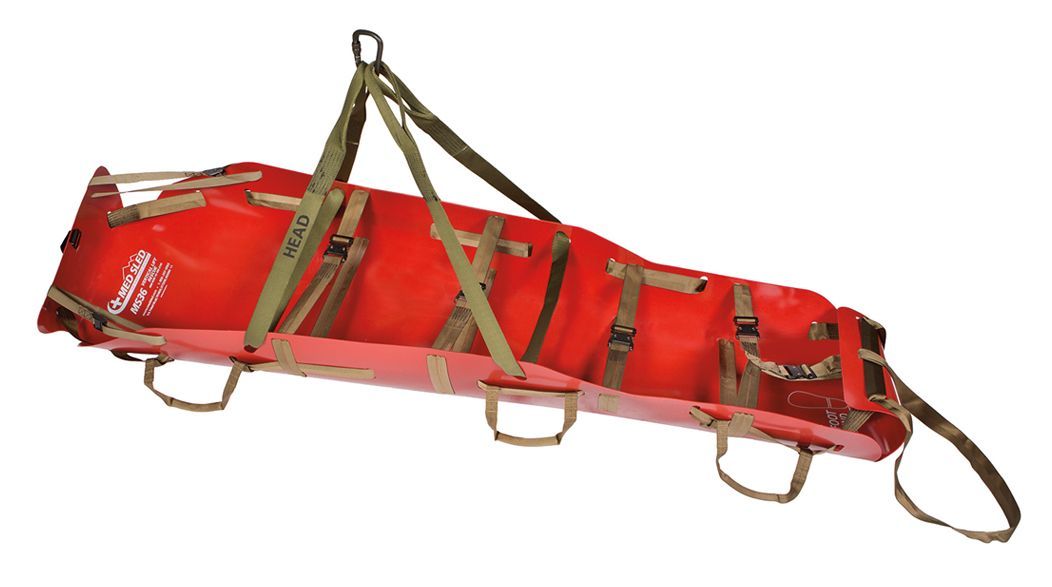 Red, aerial rescue stretcher with tan straps suspended from a harness.