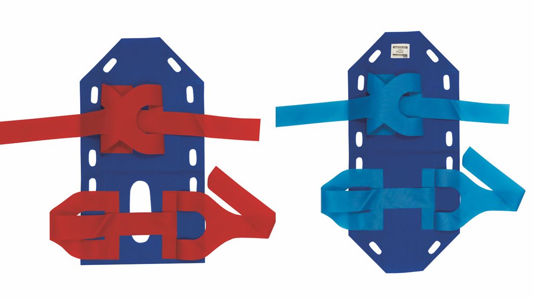 Two blue backboards with straps; one board has red straps, the other has blue straps.