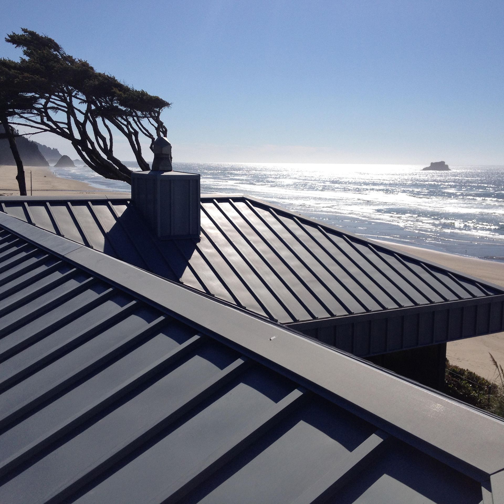 Sunlit ocean view from a rooftop with dark metal roofs and a windswept tree by the shore