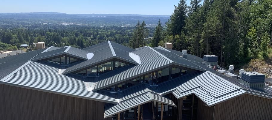 Tiled rooftops of hillside homes overlooking a distant city and mountains under a clear sky